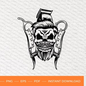 Skull barbershop logo SVG, Skull barber tools svg, skull razor svg, hairstylist svg, barber tshirt, haircut salon, svg, PNG, PDF