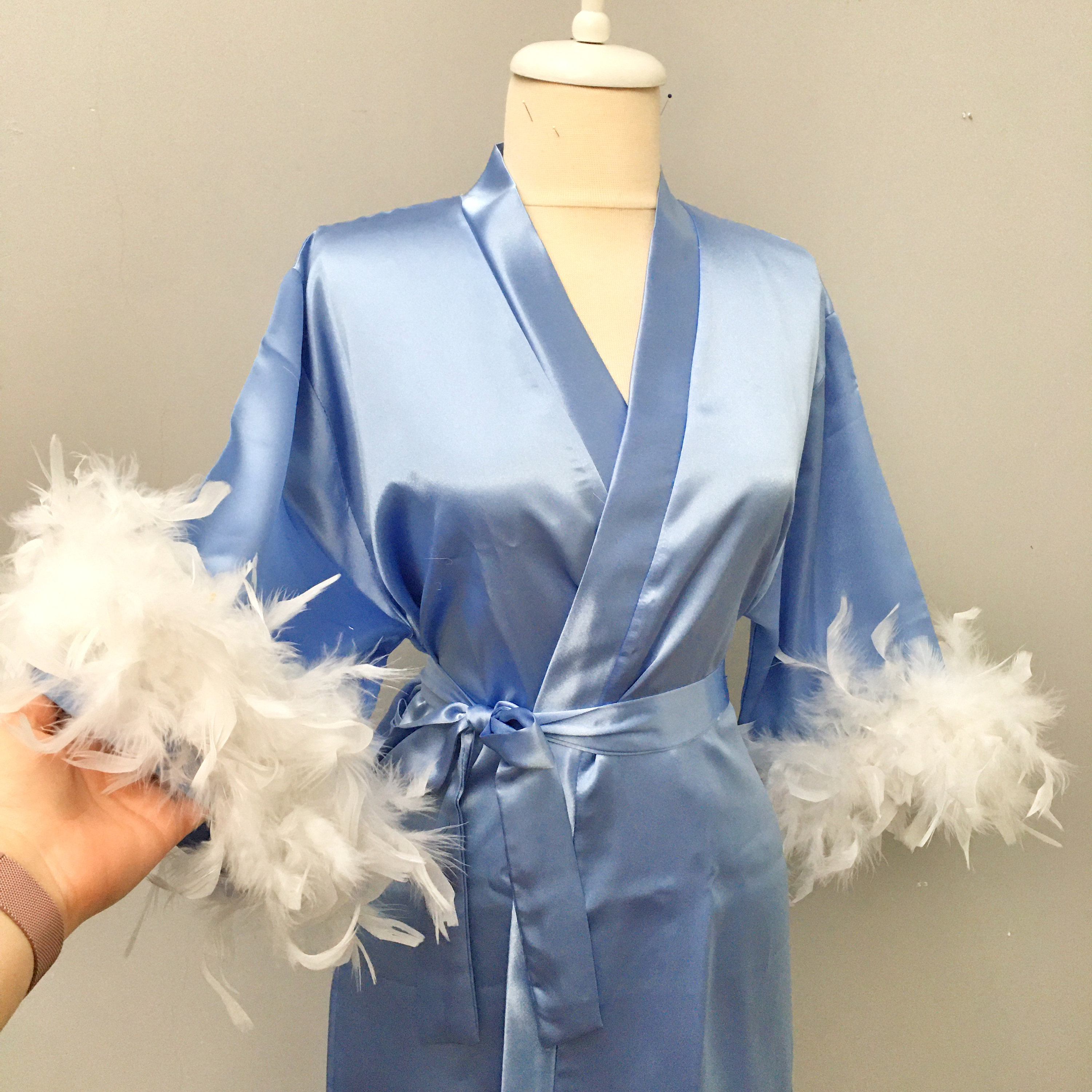 Blue Robe With Feathered Maternity Kimono Bride Robe Satin Etsy