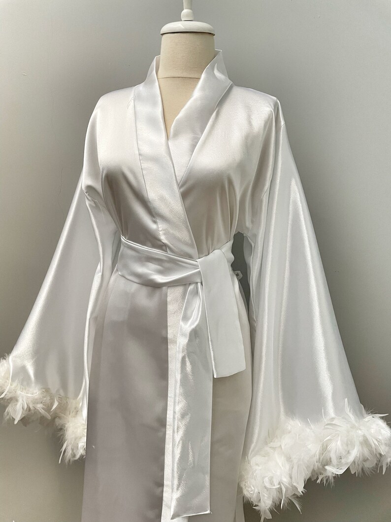 Bride Robe With Feather White Boudoir Robe Long Silk Robe Etsy
