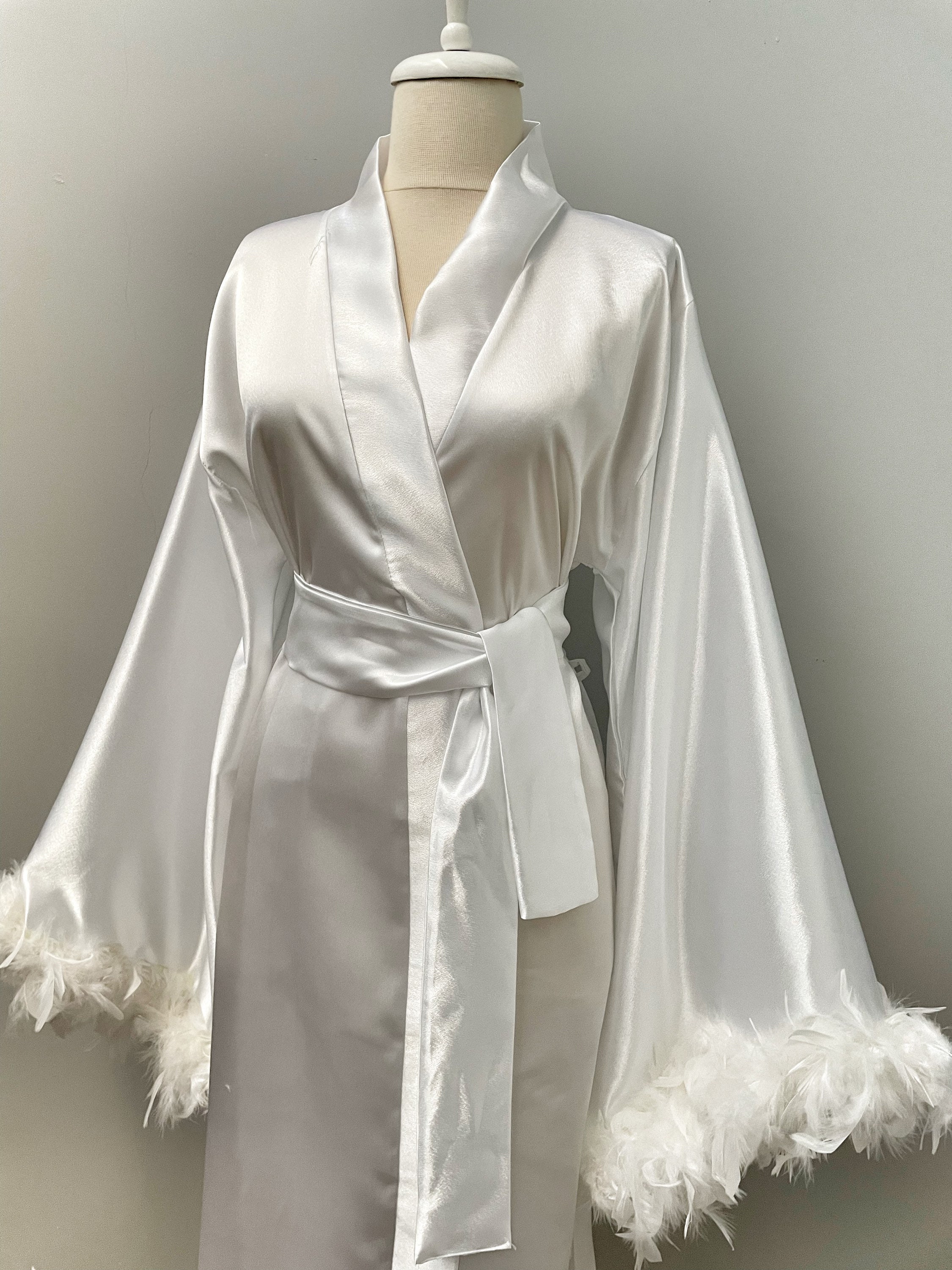 Bride Robe With Feather White Boudoir Robe Long Silk Robe - Etsy