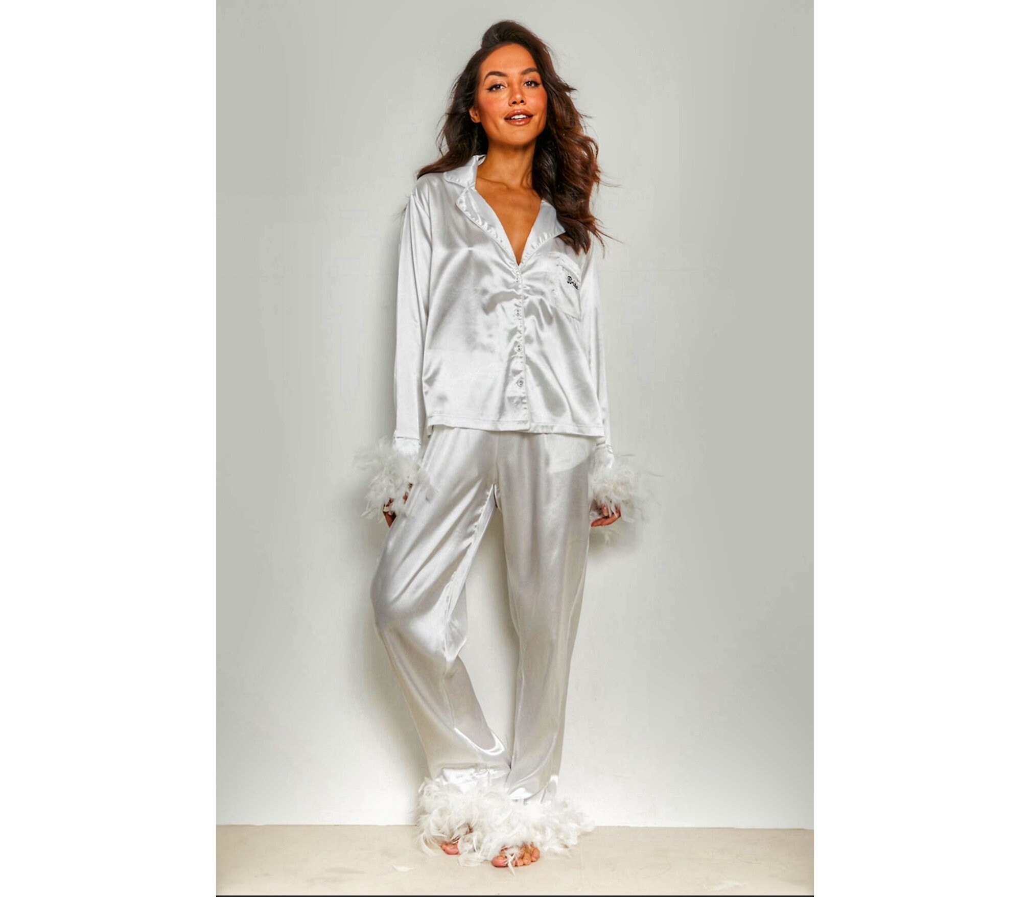 Silver satin pyjamas hotsell