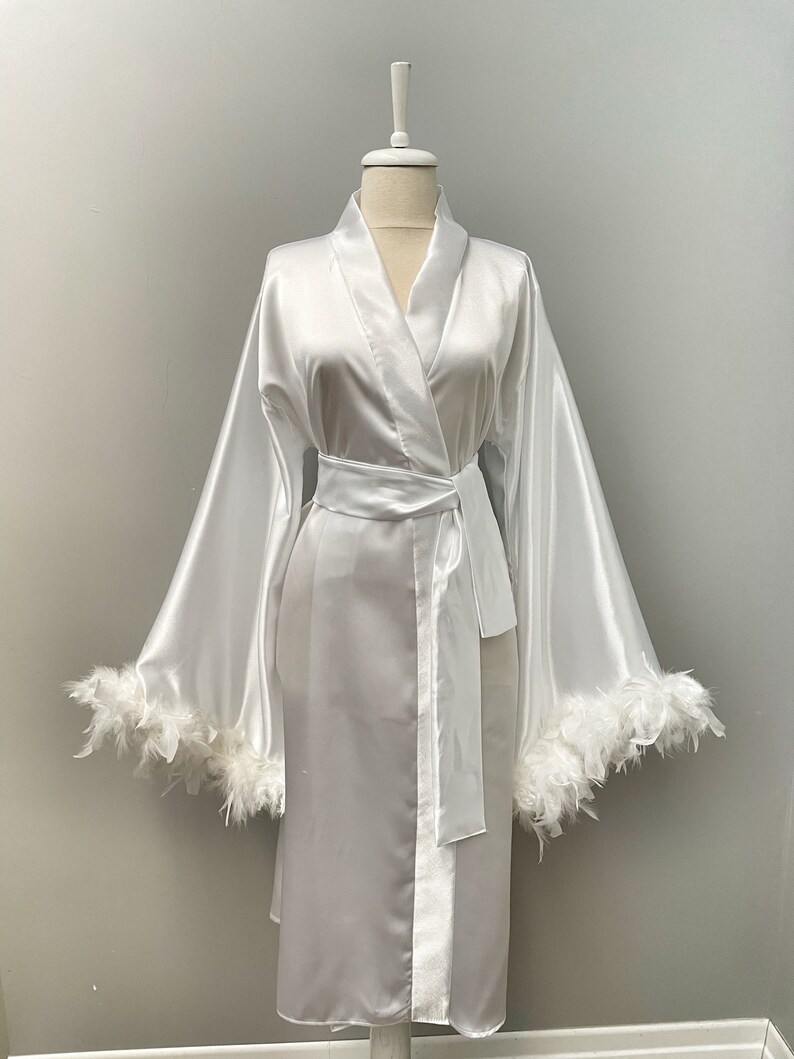 Bride Robe With Feather White Boudoir Robe Long Silk Robe Etsy