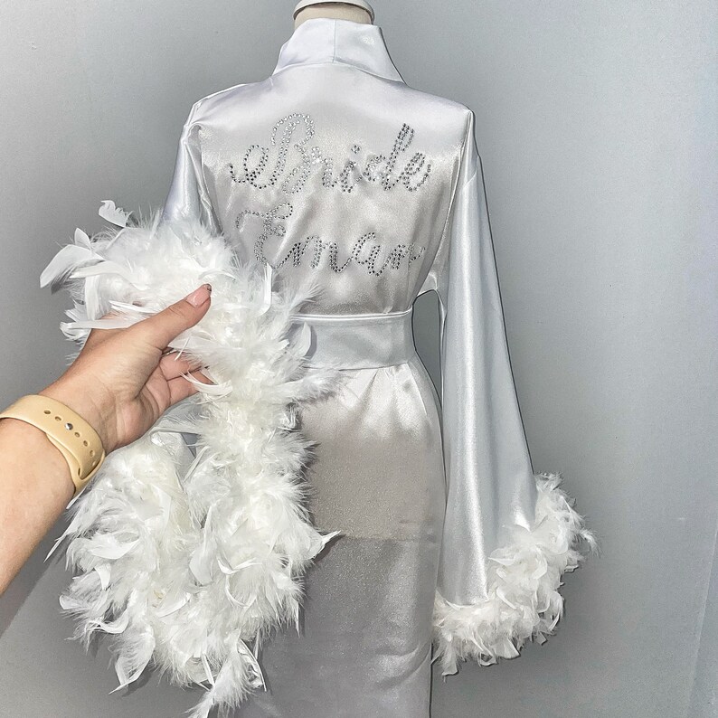 Bride Robe With Feather White Boudoir Robe Long Silk Robe Etsy
