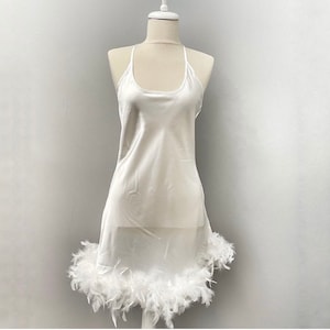 Bride Satin Feather Nightgown, Wedding Pajamas, Bridal Lingerie, White Satin Nightgown,Lingerie,Valentines Day Gifts,honeymoon