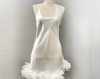 Bride Satin Feather Nightgown, Wedding Pajamas, Bridal Lingerie, White Satin Nightgown,Lingerie,Valentines Day Gifts,honeymoon