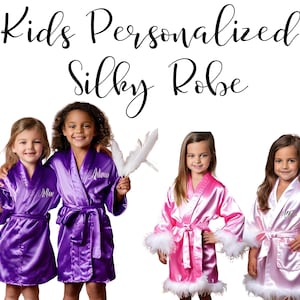 Personalized Kids Satin Robe: Feather Trim, Custom Name, Silky Spa Robe