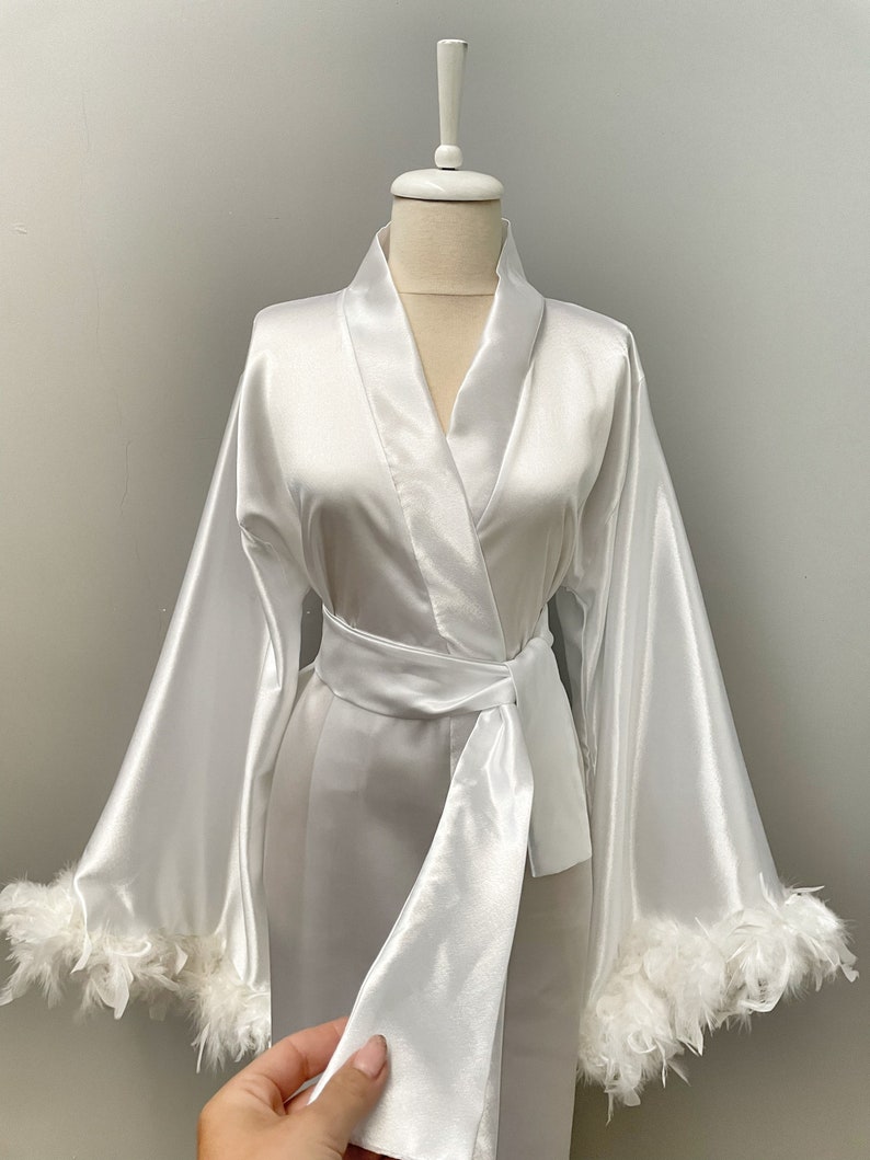 Bride Robe With Feather White Boudoir Robe Long Silk Robe Etsy