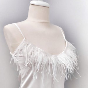 Bridal nightgown with feather neck for bachelorette party. Satin custom bride nightgow and nightie for boudoir.