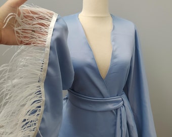 Bridal robe Blue satin feather  robe kimono, silky robe, maternity kimono