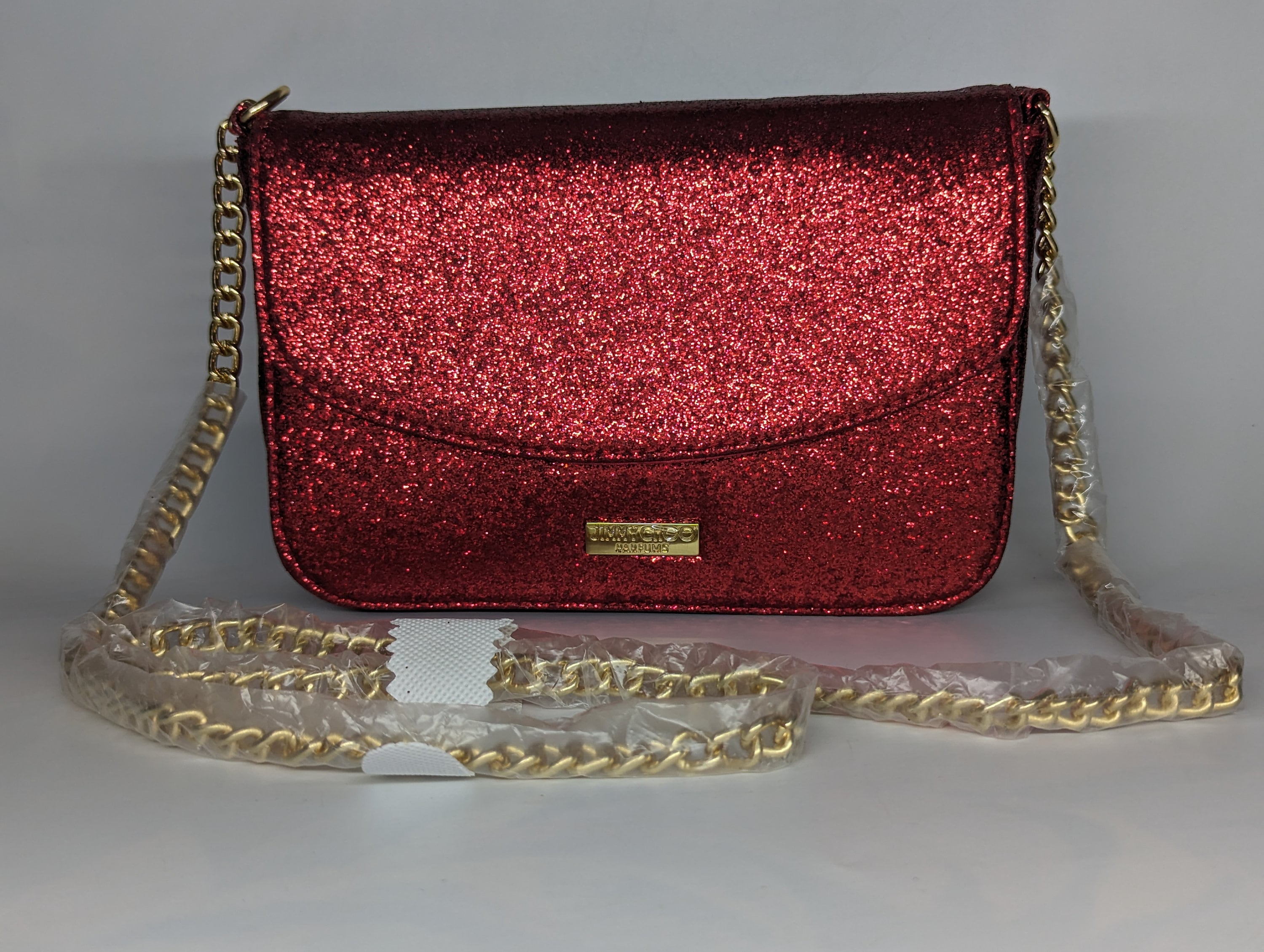 Jimmy Choo Parfums Red Glitter Crossbody Gold Tone Chain NWOT 