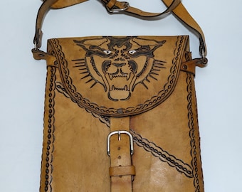 Vintage large handmade men's leather bag with embossed Tiger and May calendar. Bag size 35x27 cm.