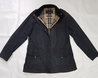 Barbour Waxed Plaid Lined Navy Jacket (Size 12 US)
