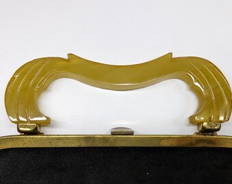 50s Vintage Patent Leather Bakelite Purse / Black Root Beer Lucite 