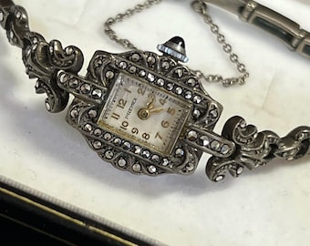 Rare Art Deco ladies&#39; mechanical watch with hand-made marcasite by Premex, circa 1940s.