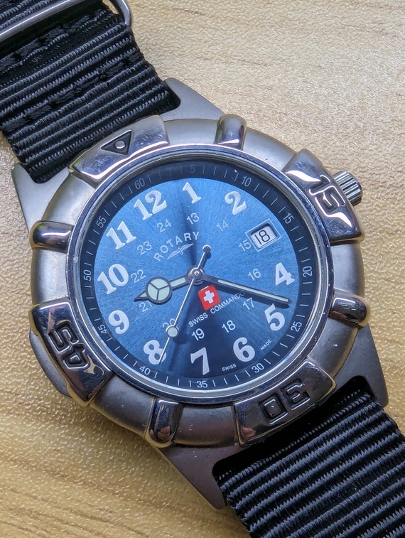 Vintage Rotary Swiss Commando Watch Blue 24 Hour Dial Medium