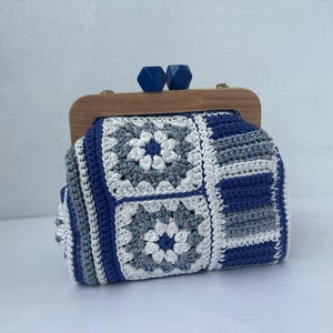 Crochet Granny Square Bag | Blue Kiss Lock Bag | Vintage  Style Wooden Kiss Lock Bag | Vintage Purse For Women | Multicolor Holiday Bag
