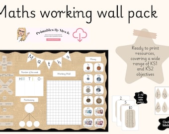 White & Hessian beige Maths Working Wall KS1 and KS2