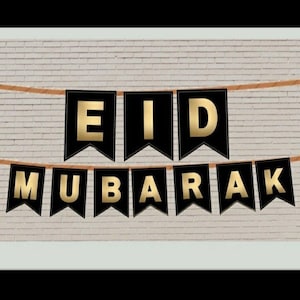 Eid Mubarak Banner Printable for Eid Party |Home Decor Black & Gold Eid Mubarak Printable Digital Download Banner PDF Print A4|
