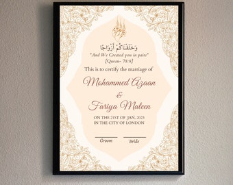 Nikahnamah Islamic Marriage Certificate Digital Desi Wedding Souvenir Anniversary Gift Personalised Nikkah Contract Nikah Nama Keepsake