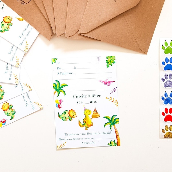 6 Invitations anniversaire dinosaure aquarelle lot cartes