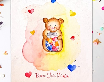Carte fait-main de fête des mères ourson aquarelle fait individuellement , ours mignon bocal coeurs France