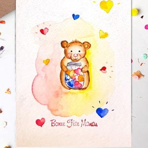 Carte fait-main de fête des mères ourson aquarelle fait individuellement , ours mignon bocal coeurs France