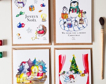 4 Cartes de Noël, ensemble , aquarelle hiver, cartes vœux, animaux, avec enveloppes