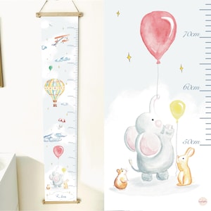 Grafico di crescita personalizzabile con acquerello, grafico di altezza, metro da parete, mongolfiera, aeroplano, regali di nascita, cameretta per bambini, elefante