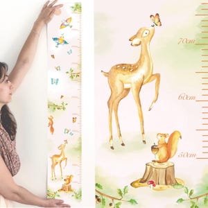 Grafico altezza acquerello personalizzabile grafico crescita foresta metro da parete farfalle scoiattolo cerbiatto regalo nascita cameretta bambino