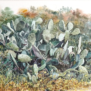 Pittura ad acquerello originale di cactus, cactus e fiori di campo, opere d'arte fatte a mano da Feng Hongzhao #29