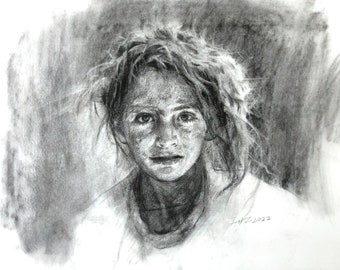 Portrait sketch ｜ Girl's Portrait Original Artwork  Charcoal