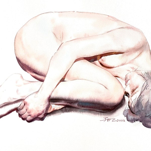 Peinture originale à l'aquarelle ｜ Femme nue étreignant ses genoux Oeuvre faite à la main