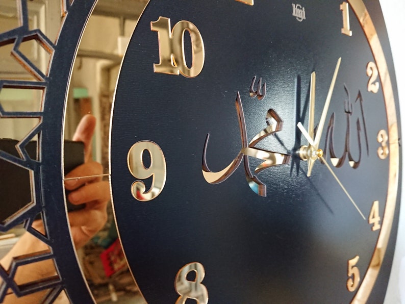 Islamische Wanduhr: Gold Spiegel & Schwarzes Holz, Muslimische Dekoration Bild 2