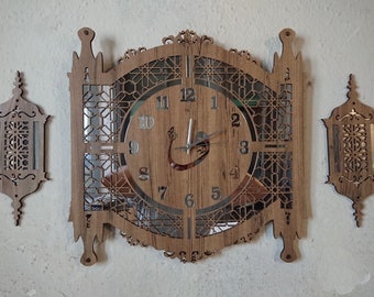 Islamic Wooden Wall Clock: Gold Mirror Accent, Muslim Home Decor