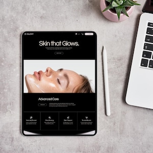 Tablet mockup displaying a med spa and esthetician Wix website template on a modern desk with skincare-inspired styling.