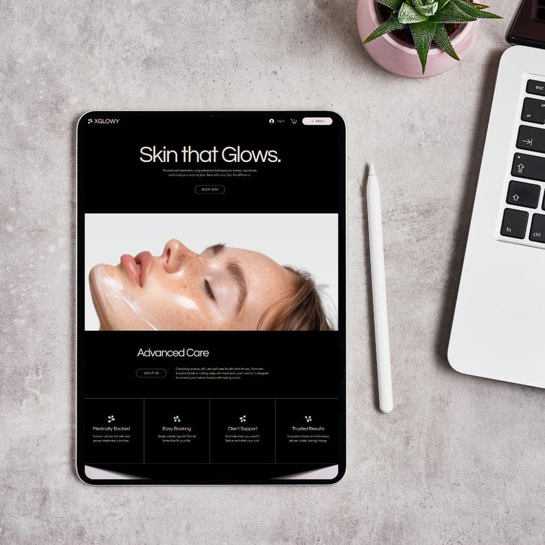 Tablet mockup displaying a med spa and esthetician Wix website template on a modern desk with skincare-inspired styling.