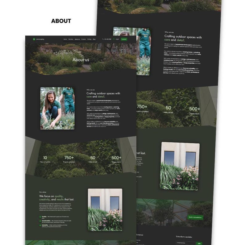 Landscaping Wix website template About page preview with company story, values, service statistics, and team imagery.
