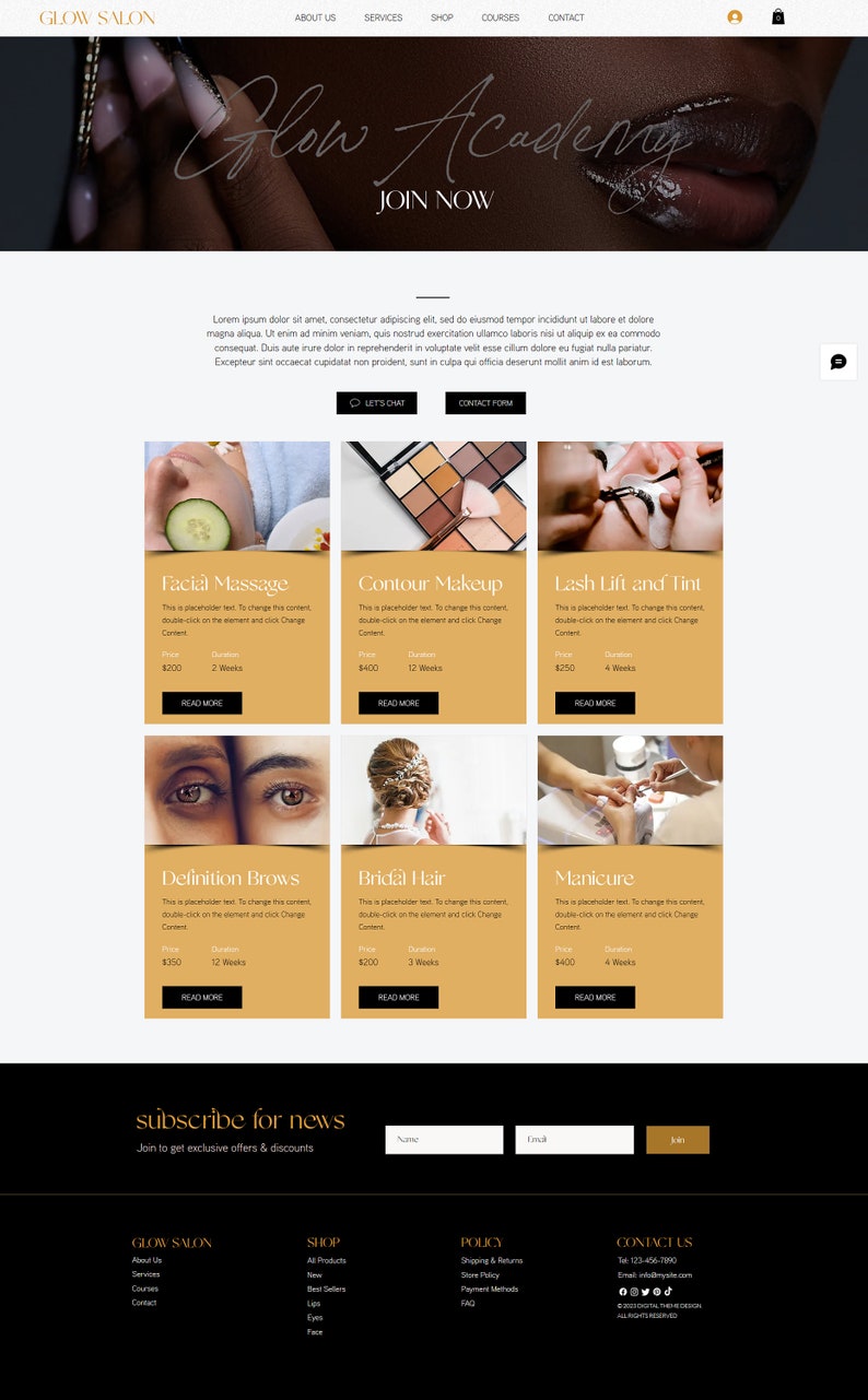 May include: A website for a beauty salon called Glow Academy. The website features images of different beauty services offered, including facial massage, contour makeup, lash lift and tint, definition brows, bridal hair, and manicure. The website also includes a call to action to join the academy.