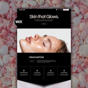 以下が含まれることがあります： 「Skin that Glows」のテキストと顔写真が表示されたウェブサイトのインターフェース。このウェブサイトは、高度なスキンケアトリートメントを宣伝しています。画像にはWixのロゴが表示されています。