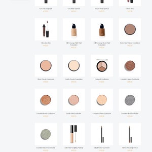 May include: A website screenshot showing a variety of makeup products for sale, including lipsticks, eyeshadows, foundations, and eyeliners. The products are arranged in a grid format and each product has a price listed below it. The website is called "Glow Salon" and the tagline is "Shop Now".