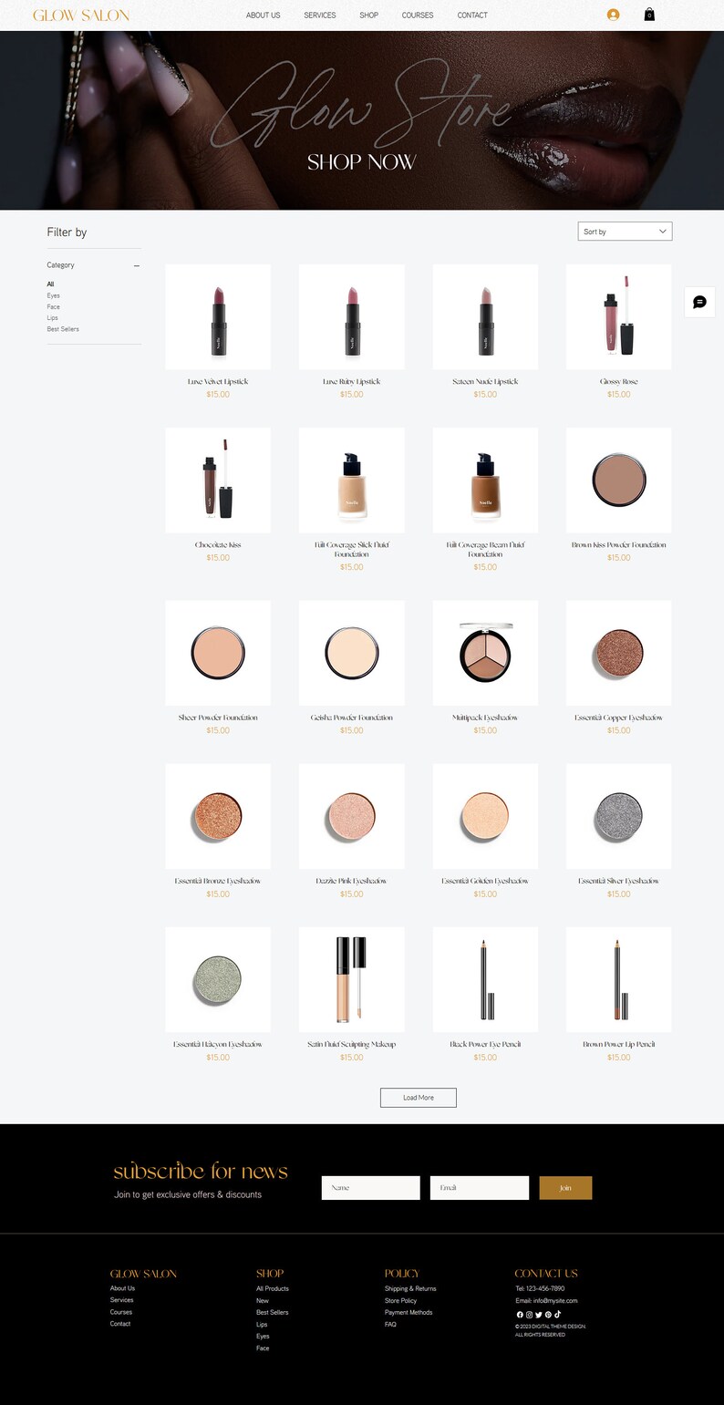 May include: A website screenshot showing a variety of makeup products for sale, including lipsticks, eyeshadows, foundations, and eyeliners. The products are arranged in a grid format and each product has a price listed below it. The website is called "Glow Salon" and the tagline is "Shop Now".