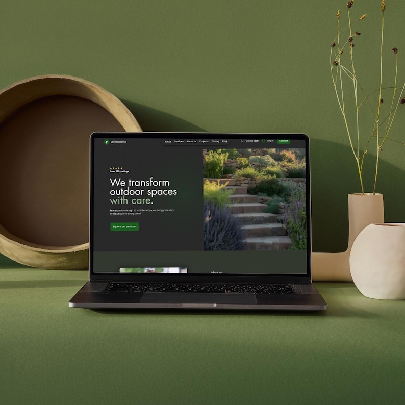 Laptop mockup displaying a landscaping Wix website template on a green styled background.