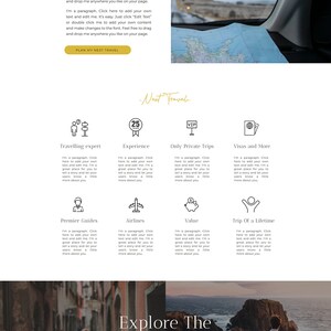 May include: Website homepage for a travel agency called "Next Travel". The website features a sunset over the ocean, a map, and a variety of travel services, including travel expert, experience, only private trips, visas and more, premier guides, airlines, value, and trip of a lifetime. The website also features a call to action to "Join Now For Our Exclusive Deals!" and a form to enter an email address.