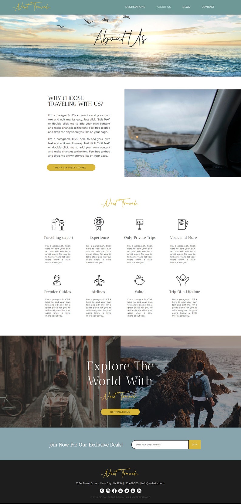 May include: Website homepage for a travel agency called "Next Travel". The website features a sunset over the ocean, a map, and a variety of travel services, including travel expert, experience, only private trips, visas and more, premier guides, airlines, value, and trip of a lifetime. The website also features a call to action to "Join Now For Our Exclusive Deals!" and a form to enter an email address.