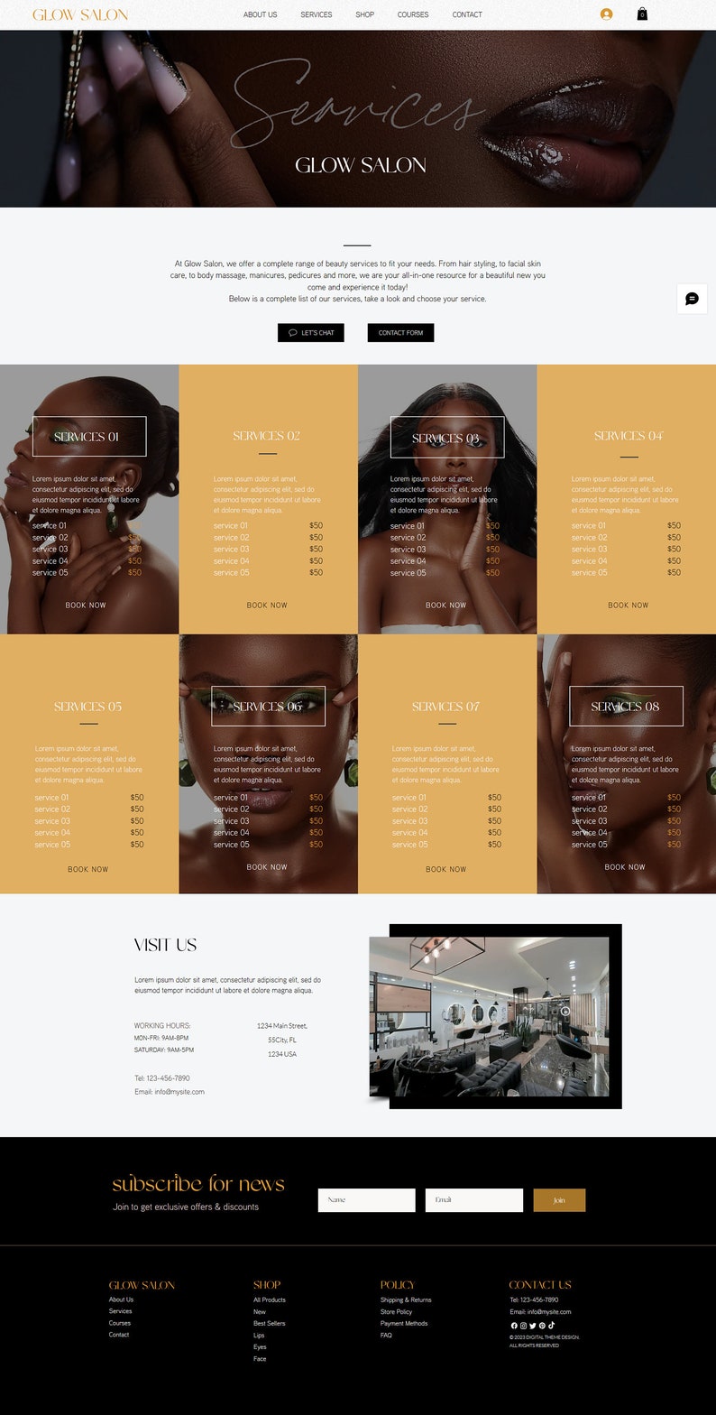 May include: A website for a beauty salon called Glow Salon. The website features a variety of services, including hair styling, facials, massages, manicures, and pedicures. The website also includes a contact form, a booking form, and a section for subscribing to news and exclusive offers.