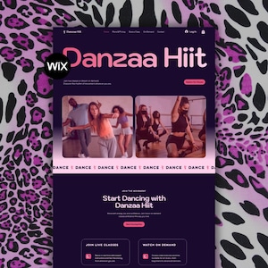 May include: A website interface for Danzaa Hiit, with a dark purple theme and pink highlights. The site promotes dance classes, displaying images of dancers. Text includes "Danzaa Hiit" and "Start Dancing with Danzaa Hiit".