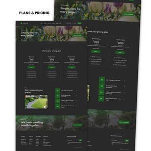 Landscaping Wix website template plans and pricing page preview with service packages, pricing tiers, FAQ, and contact sections.