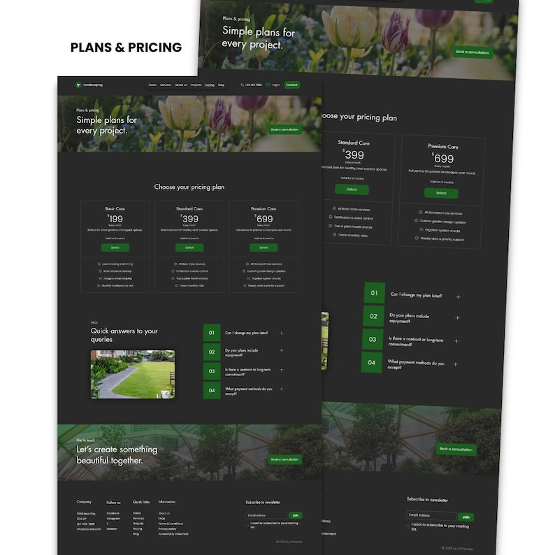 Landscaping Wix website template plans and pricing page preview with service packages, pricing tiers, FAQ, and contact sections.