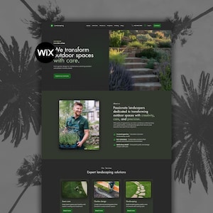 May include: A website design for a landscaping business. The site features a dark green colour scheme with images of outdoor spaces and a man holding plants. Text includes "We transform outdoor spaces with care."