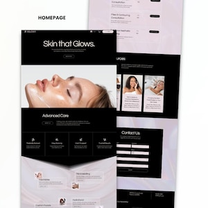Med spa and esthetician Wix website template homepage preview with skincare services, booking sections, resources, contact form and modern beauty clinic design.
